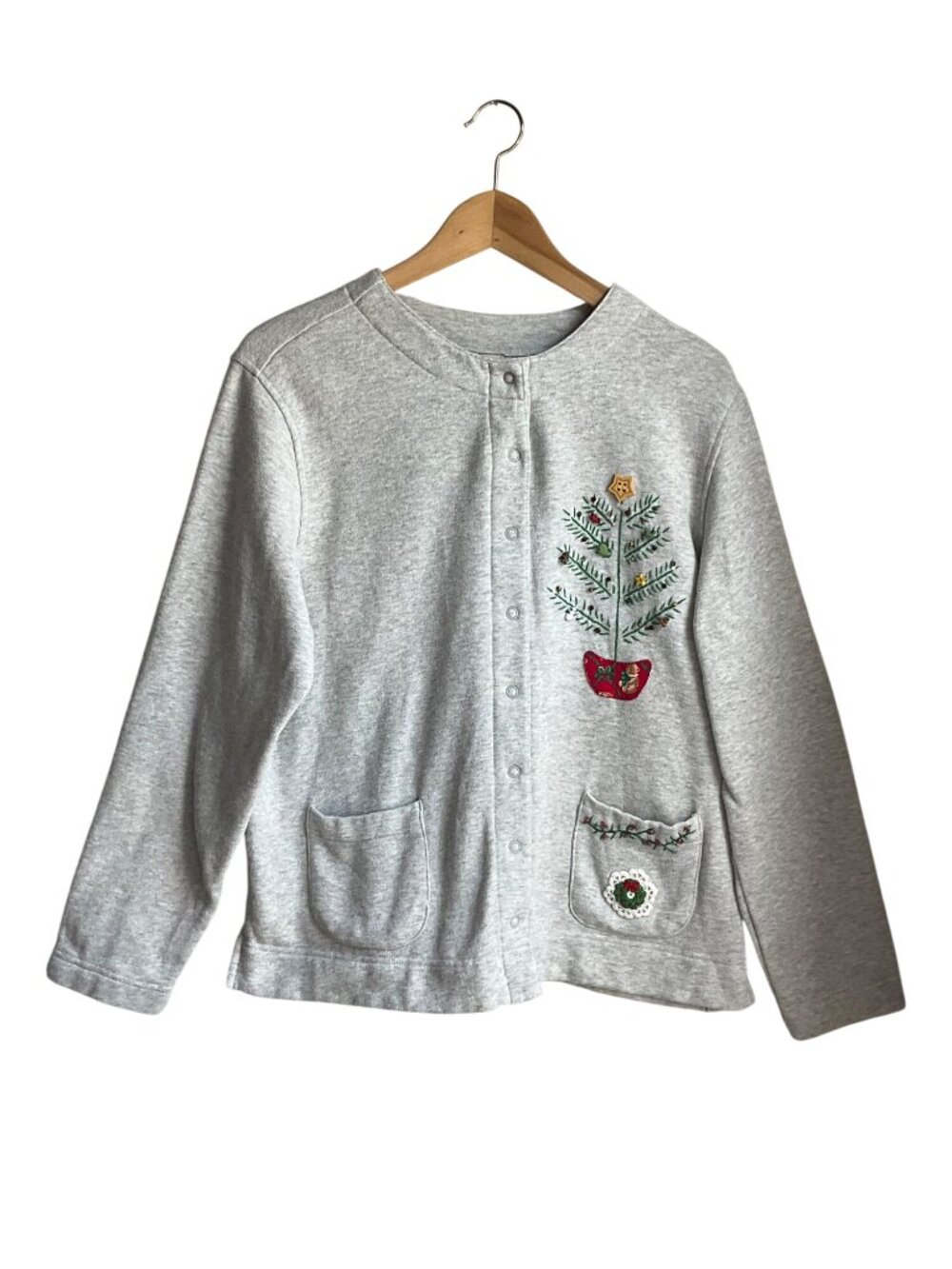 VTG Classic Elements Large Gray Christmas 3D Cardigan Sweatshirt Embroidered